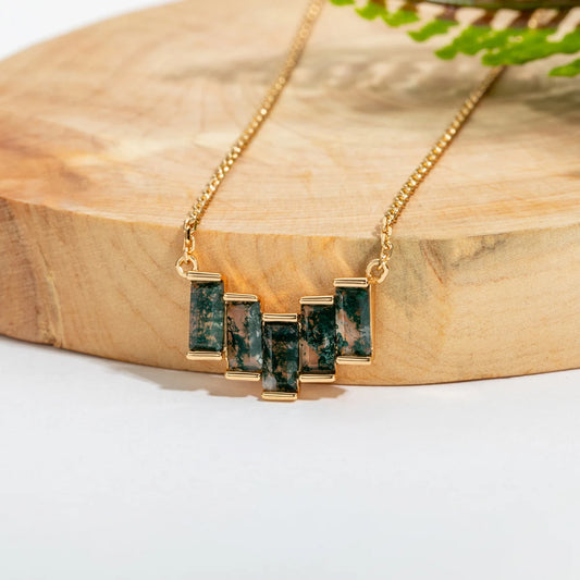 Alimoss Geometric Silver Necklace with Amber and Moss Agate Pendant